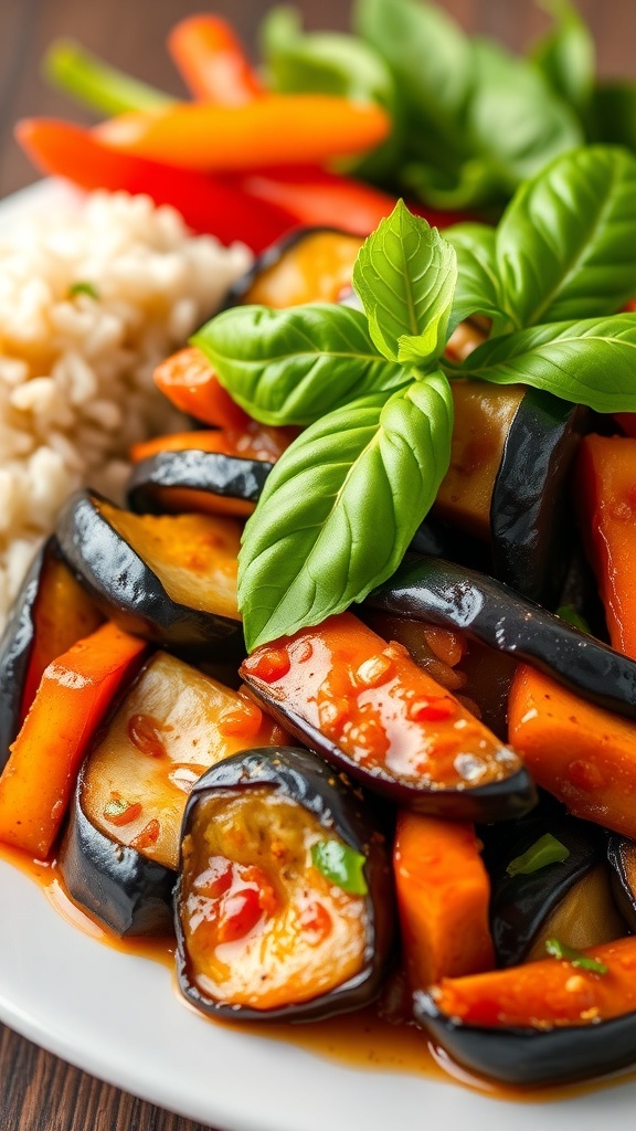Stir-fried Thai eggplant with basil on a white plate, served with jasmine rice and colorful vegetables.